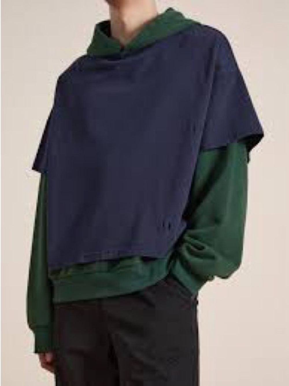 Found Double Layered Hoodie Hooded Sweatshirt Navy Green Size XS